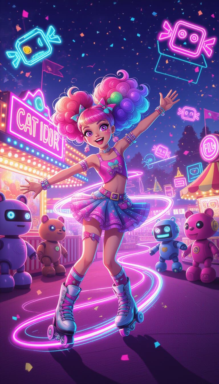 Neon Carnival Roller Girl in Cyberpunk Style