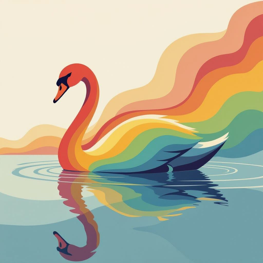 Rainbow Line Art Swan Gliding on Water