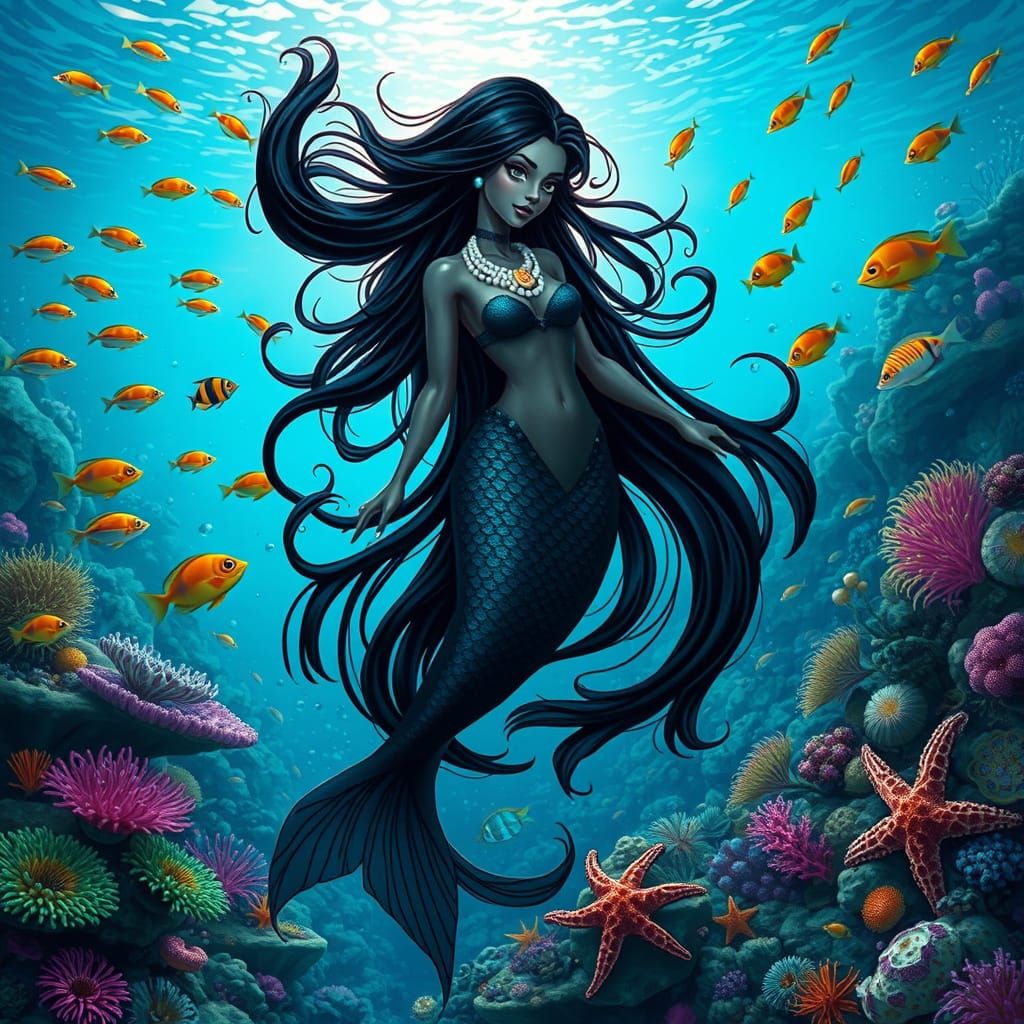 Black Mermaid in Vibrant Coral Reef