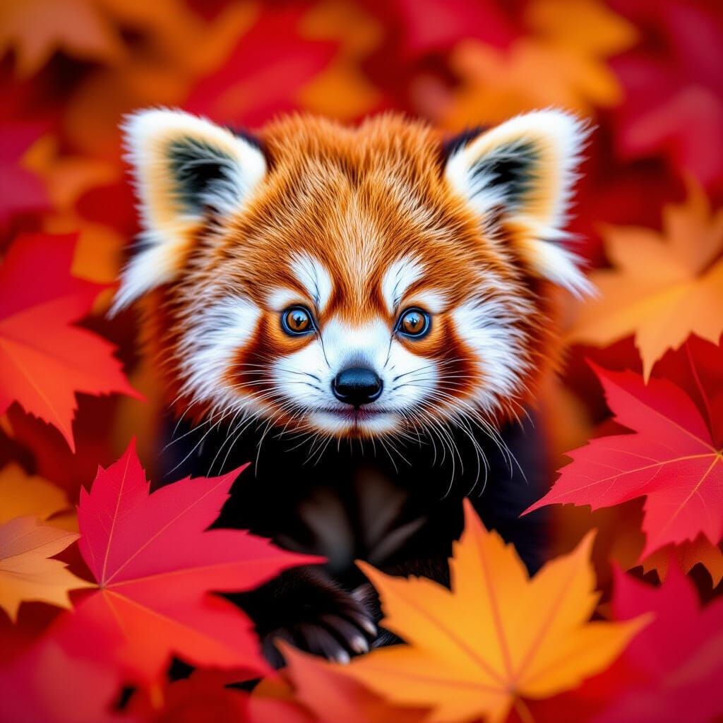 Red Panda Cub in Autumn Leaves: Kawaii Wildlife Art