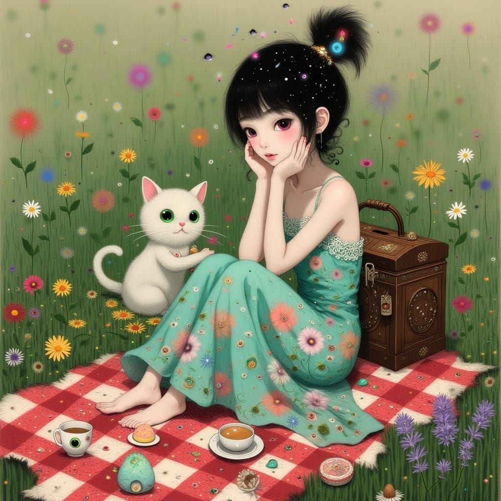 Whimsical Picnic Scene with Mystical Cat