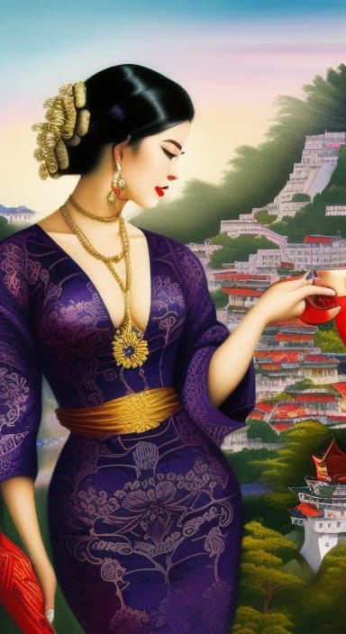 Centered Lady with Himeji Castle in Fantasycore Style