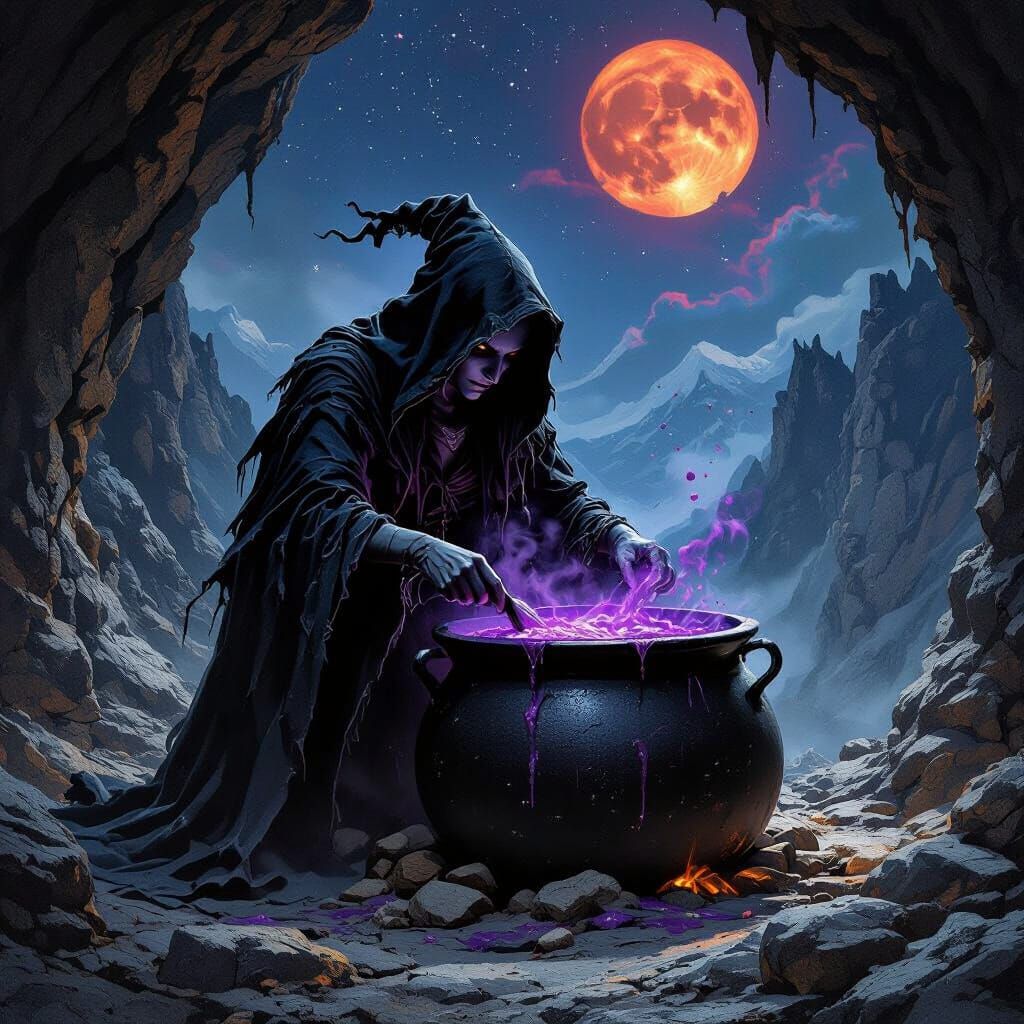 Eerie Witch Brews Potion Under Blood Moon