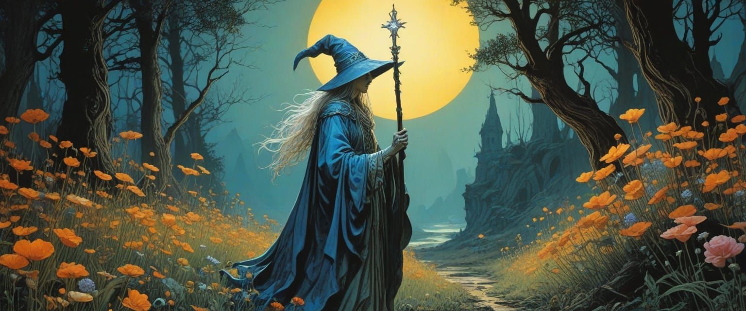 Eerie Wizard with Glowing Flowers in Cinematic Style