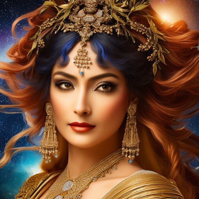 Ethereal Woman with Metal Bowls in Cosmic Night