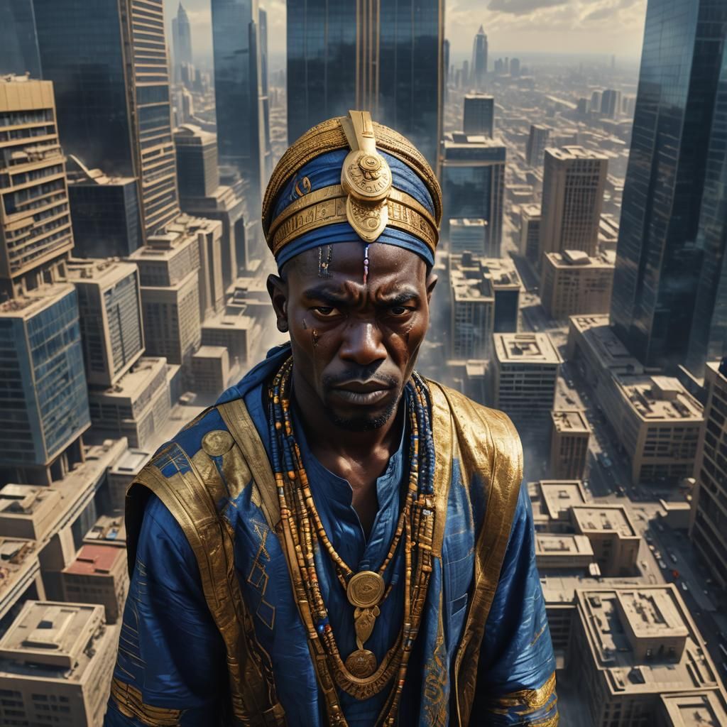 Cinematic African Portrait in Gold and Indigo