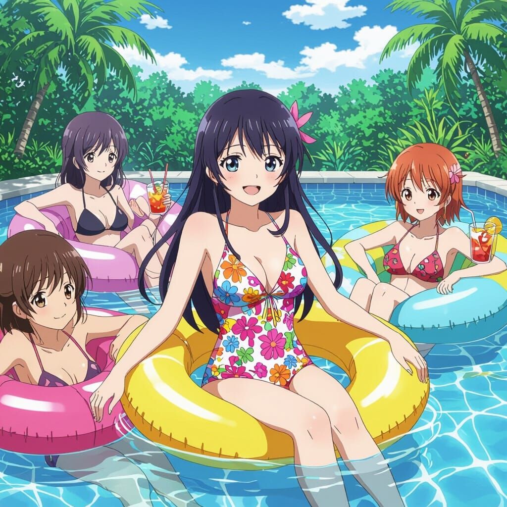 Anime Girl Pool Party in Vibrant Anime Style