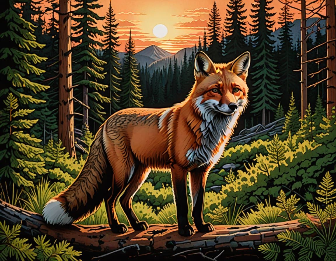 Red Fox in Coniferous Forest with Sunset Lighting
