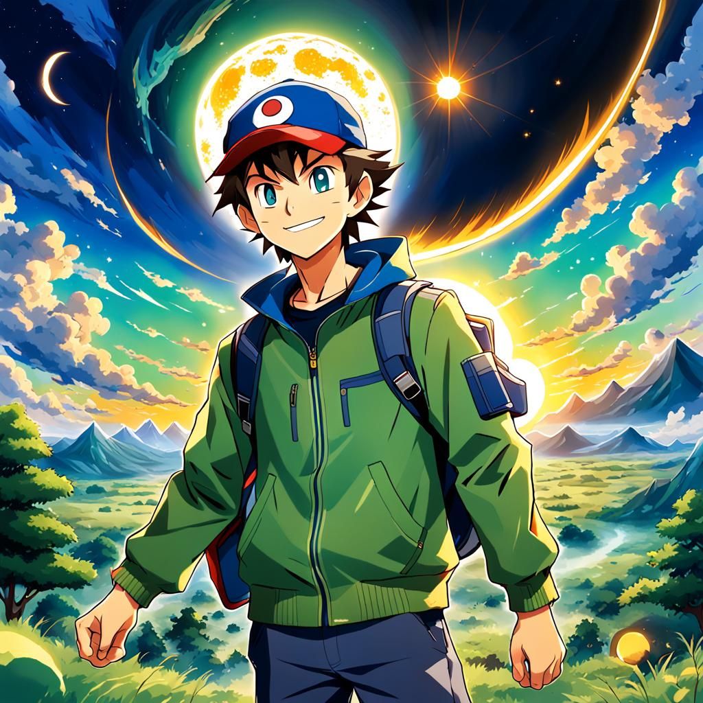 Anime Style Pokémon Trainer Watches Solar Eclipse
