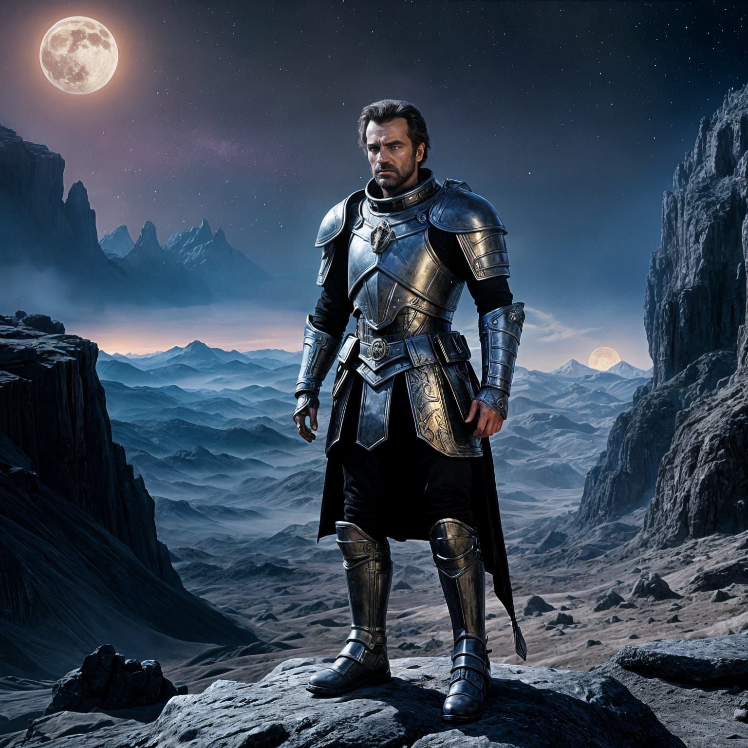 Young Warrior in Black Armor on Moonscape