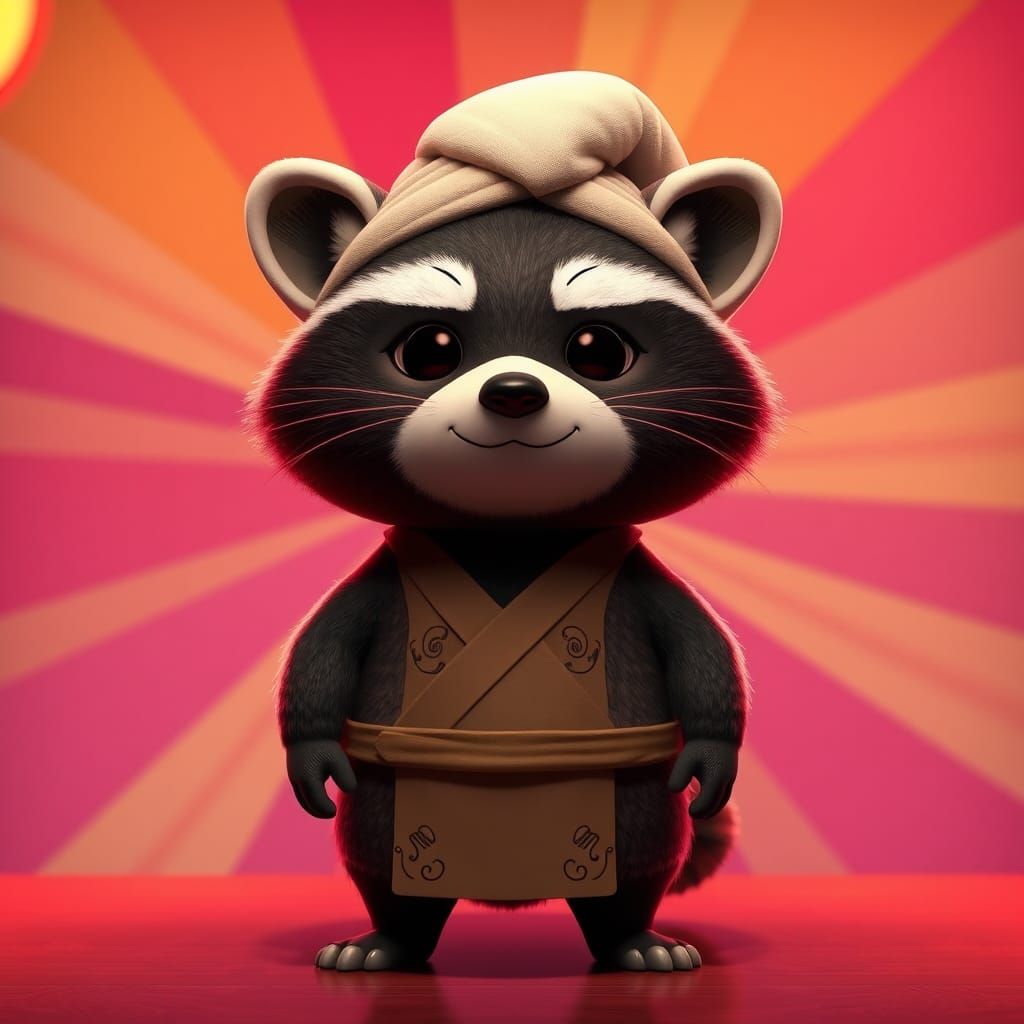 Stylish Tanuki Character in Vibrant Japanese Setting