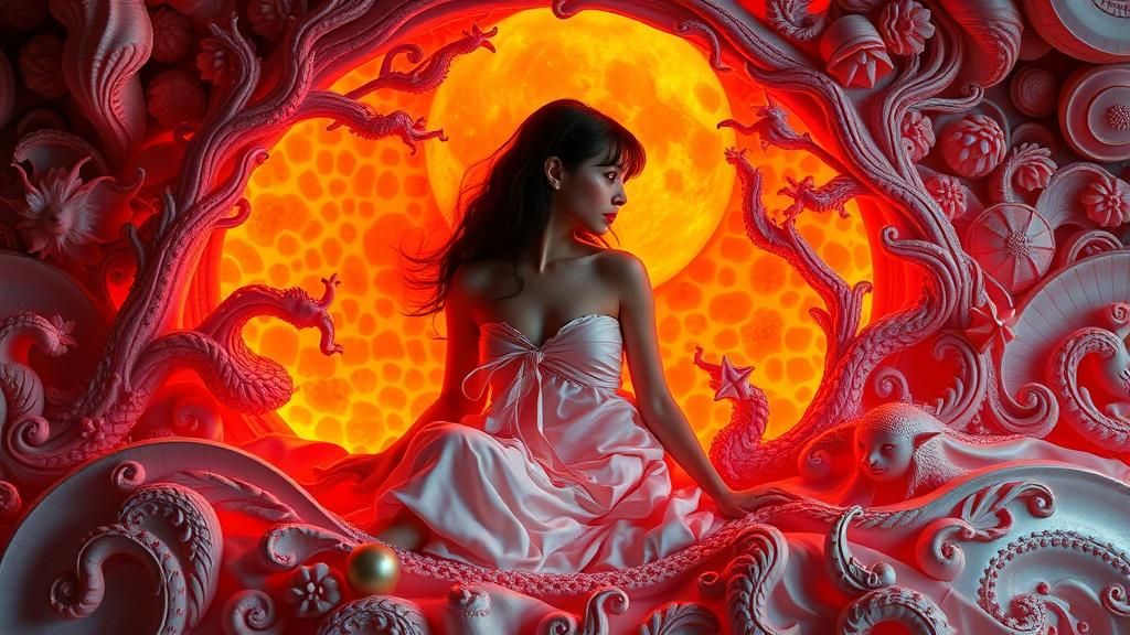 Woman in Sun and Moon Bed: Surreal Fairytale Art