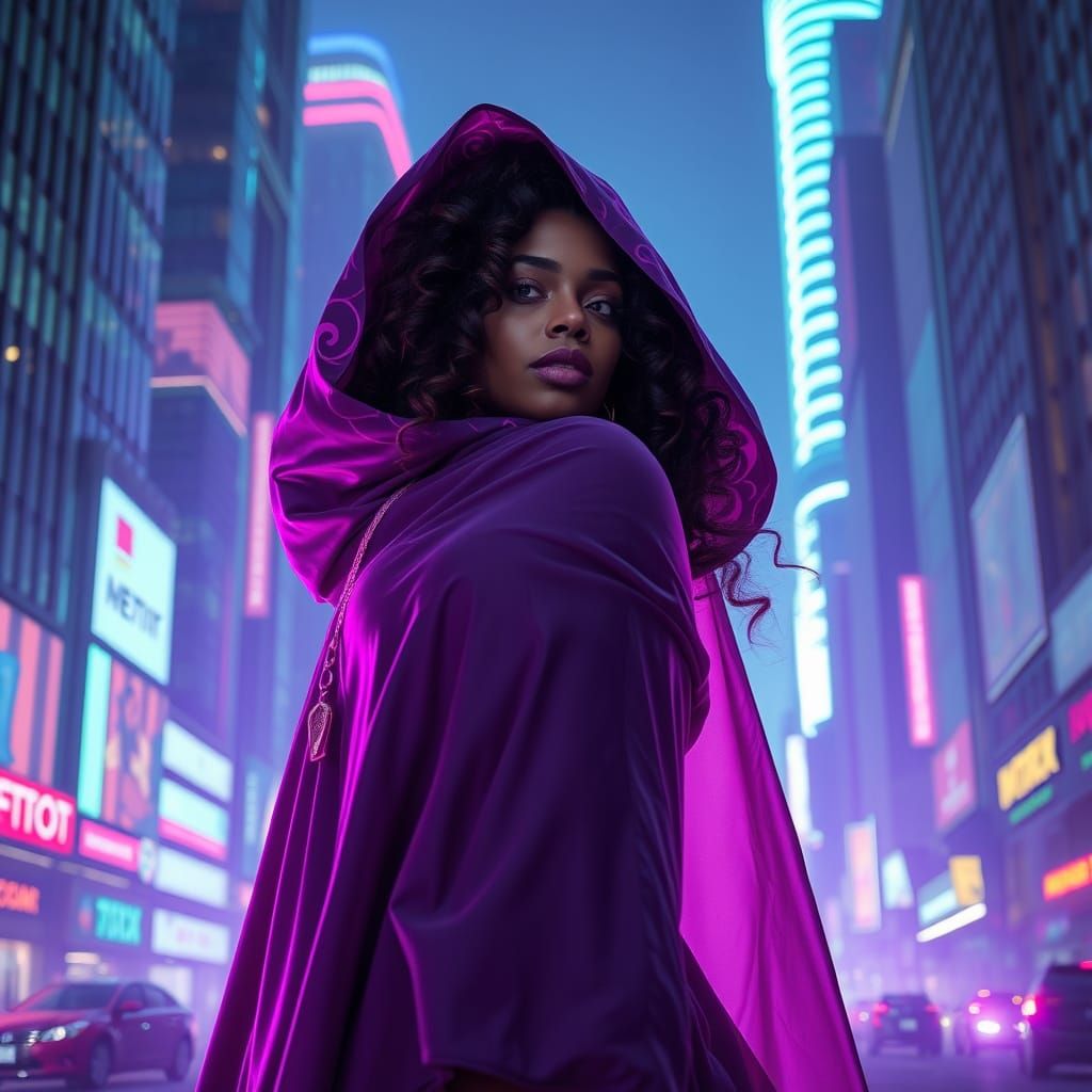 Ethereal Curvy Goddess in Cyberpunk Metropolis