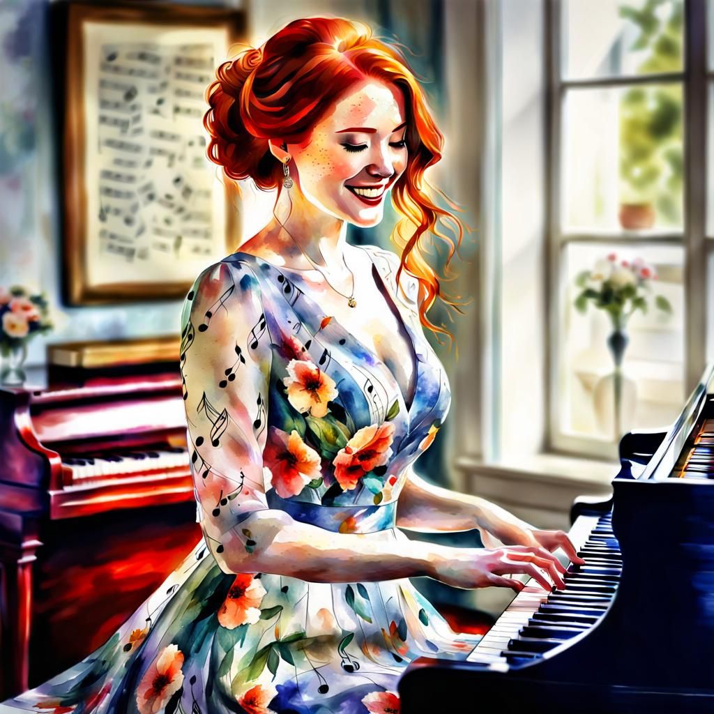 Redhead Woman Playing Piano in Digital Watercolor