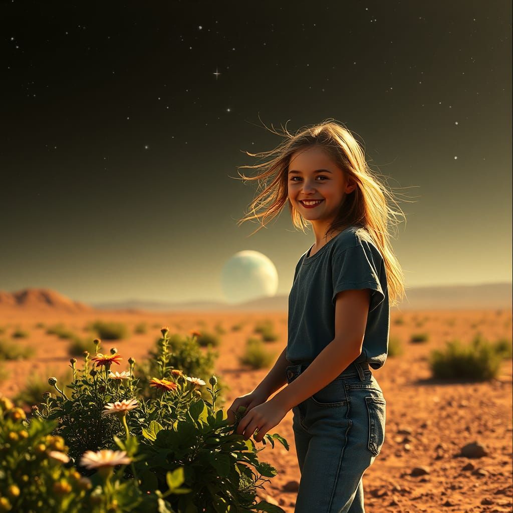 Martian Gardener Under Sapphire Stars: Cinematic Photograph
