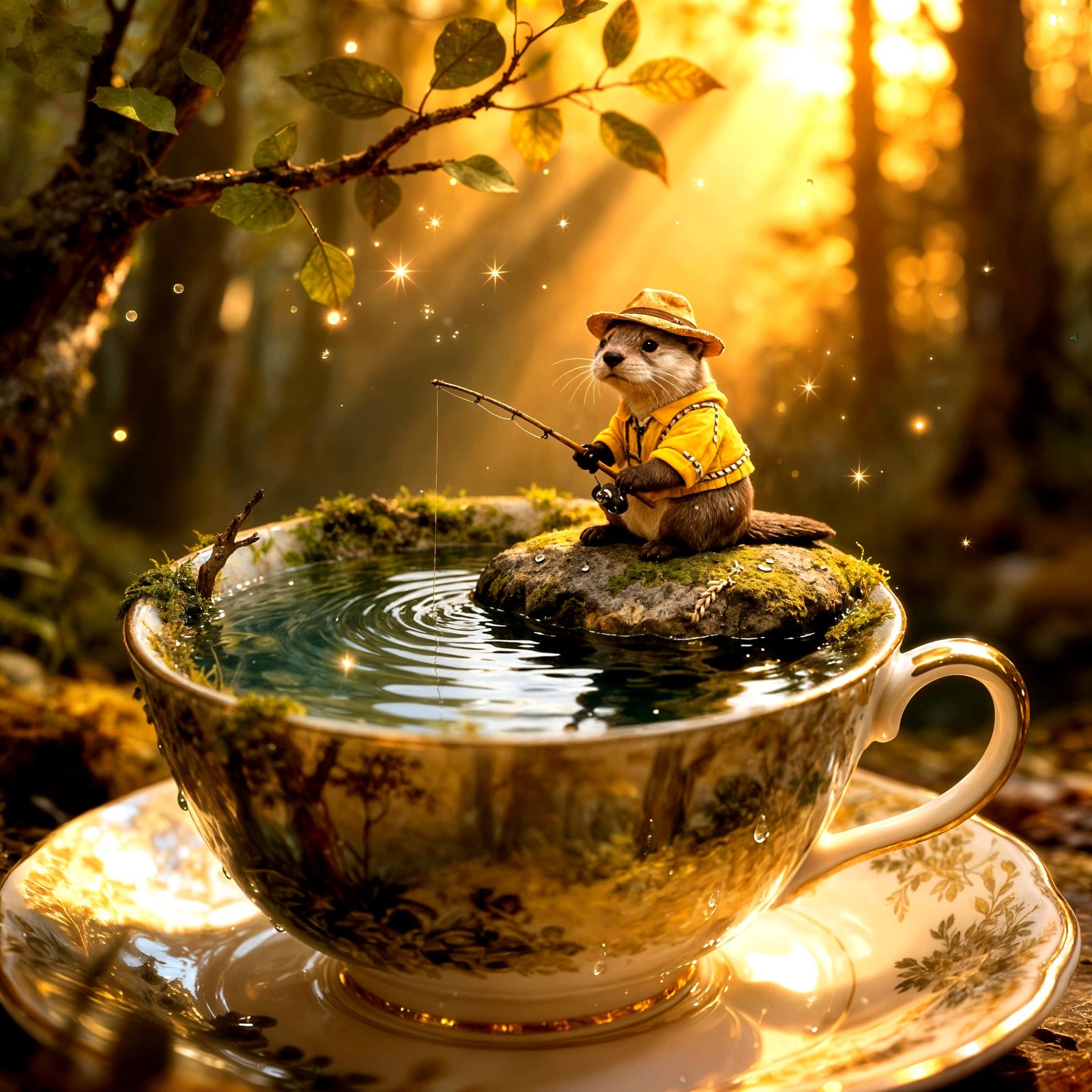Cute Otter Fisherman in Serene Teacup Landscape