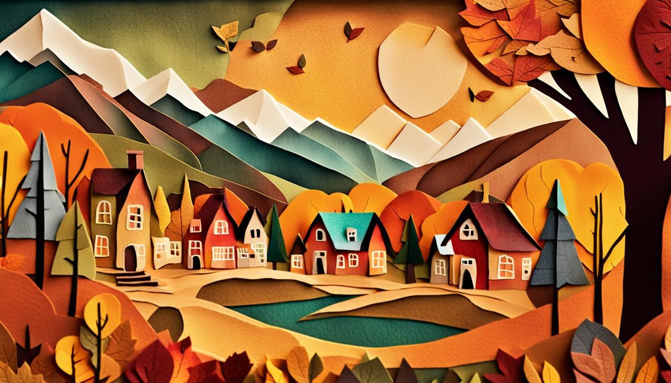 Autumn Village Scene in Scrapbook Collage Style