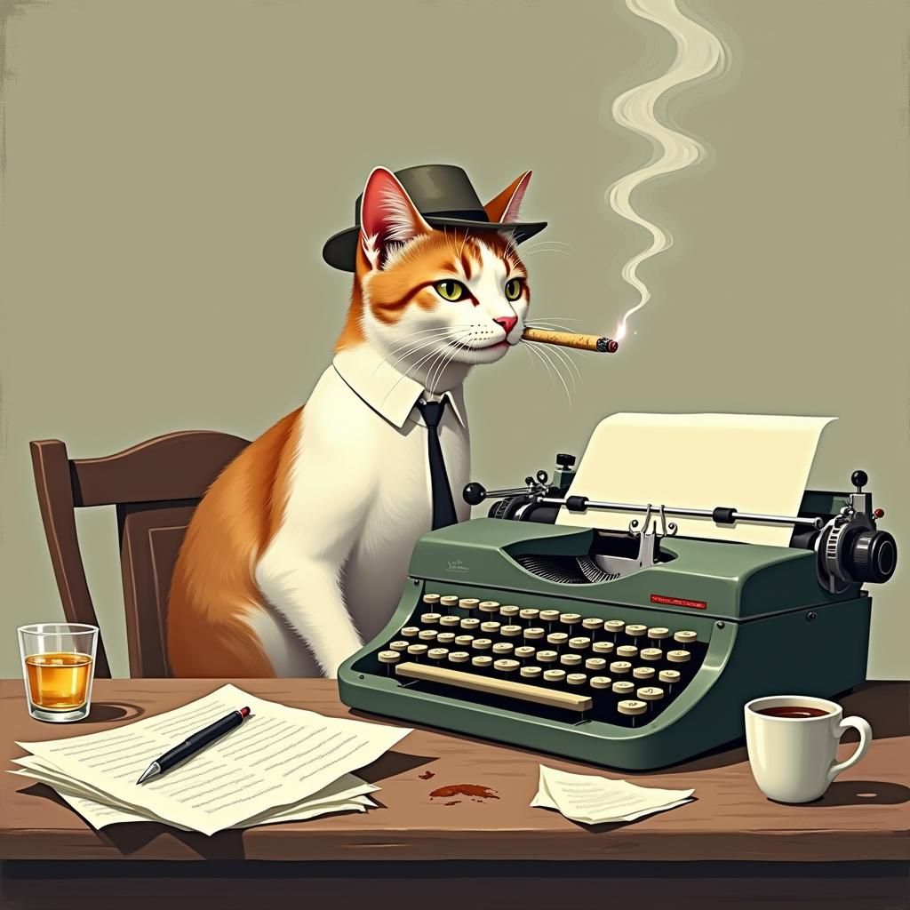 Film Noir Cat Detective in Dimly Lit Office