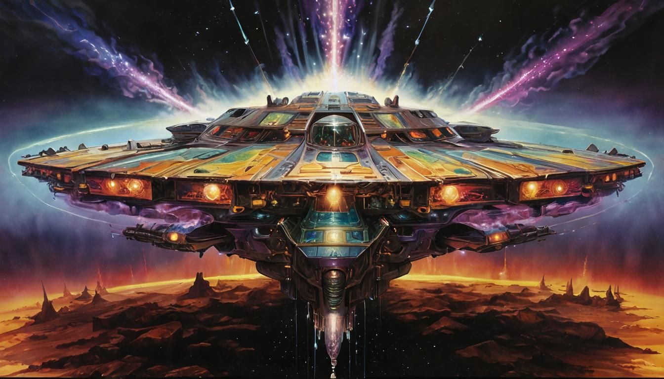 Vibrant Spaceship Erupts in Kaleidoscopic Colors