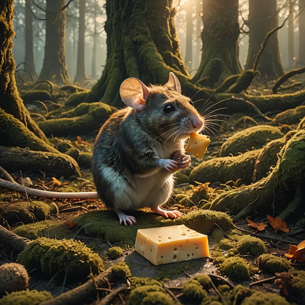 Mouse Feast in Golden Forest Light: Detailed Wildlife Illust...
