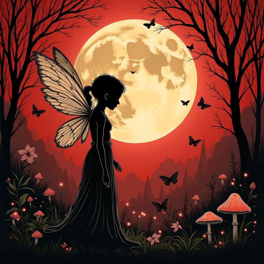 Ethereal Fairy in a Dreamy Red Sky