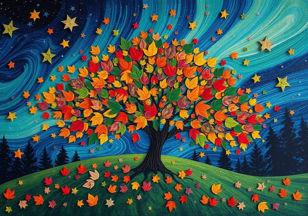 Colorful Collage of Leaves Under Aurora Borealis