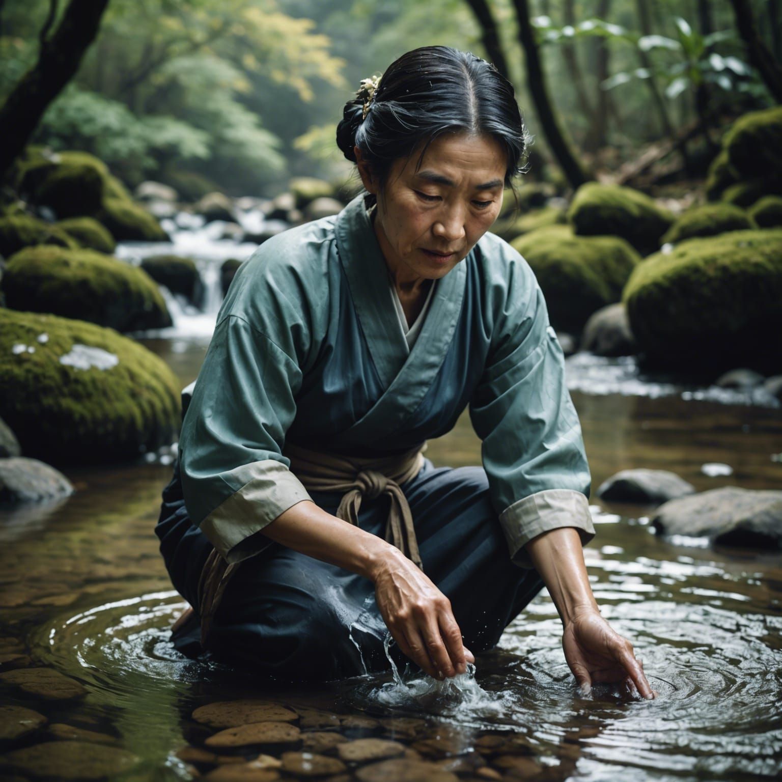 Grateful Woman Cups Water in Flowing Stream