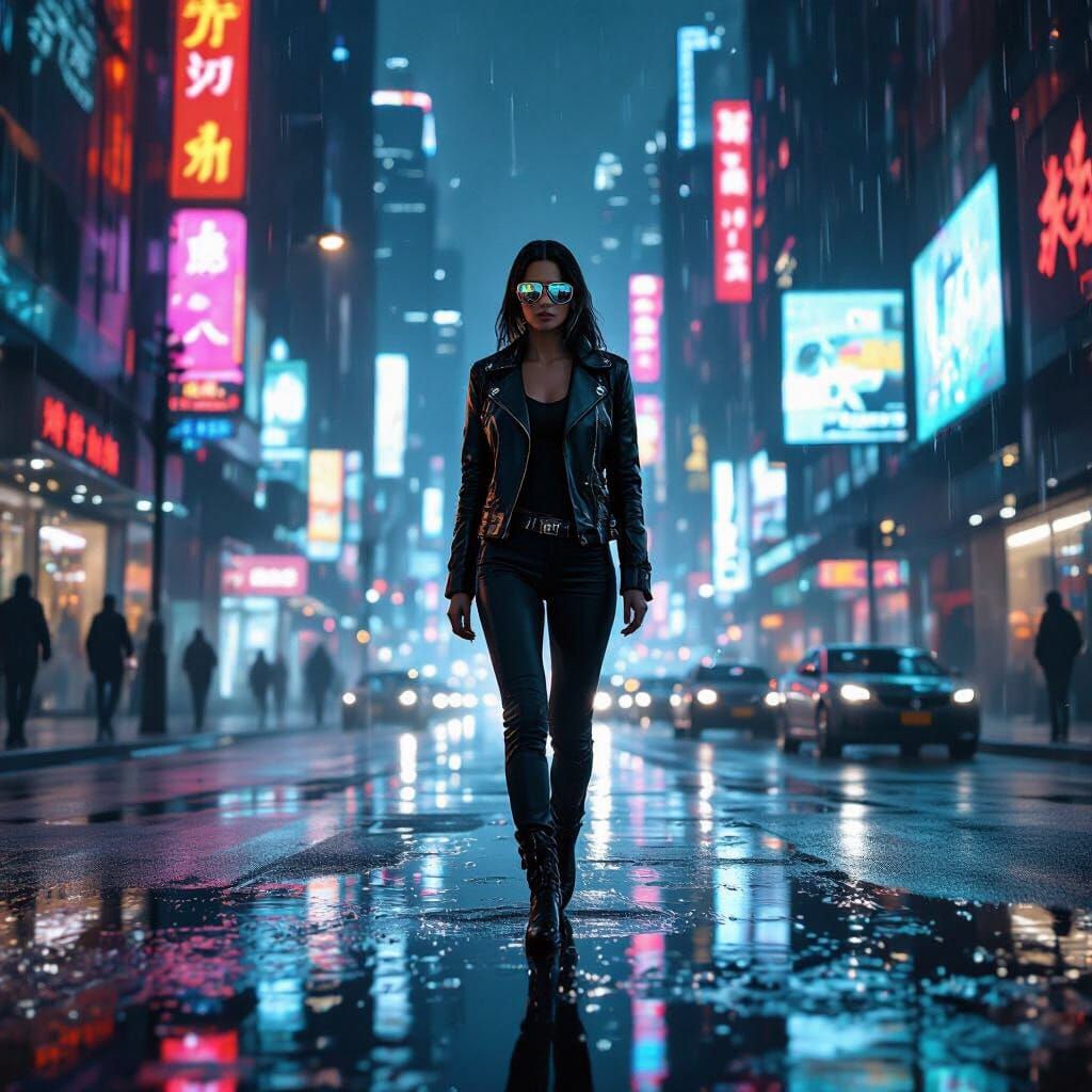Futuristic Woman in Rain, Neo-Noir Style