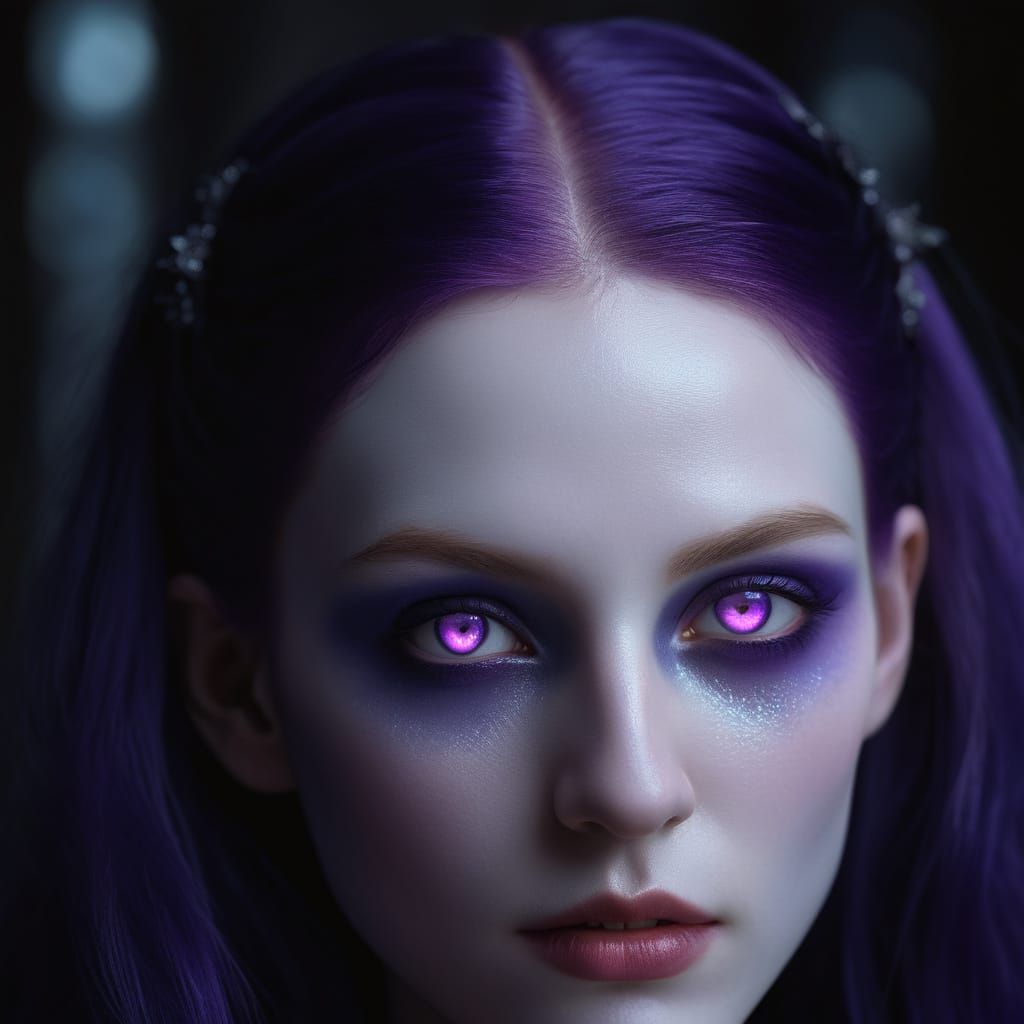 Beautiful Gothic vampire lady with long purple hair and purp...