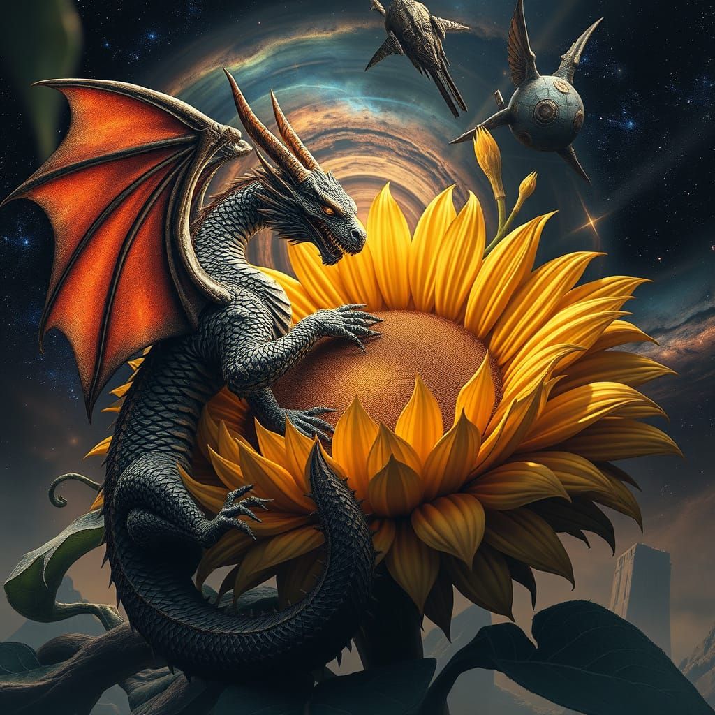 Cosmic Dragon Embracing Ancient Sunflower in Nebula