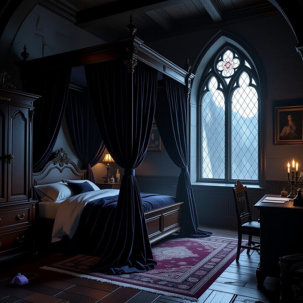 Modest Gothic Guest Bedroom with Velvet Drapes