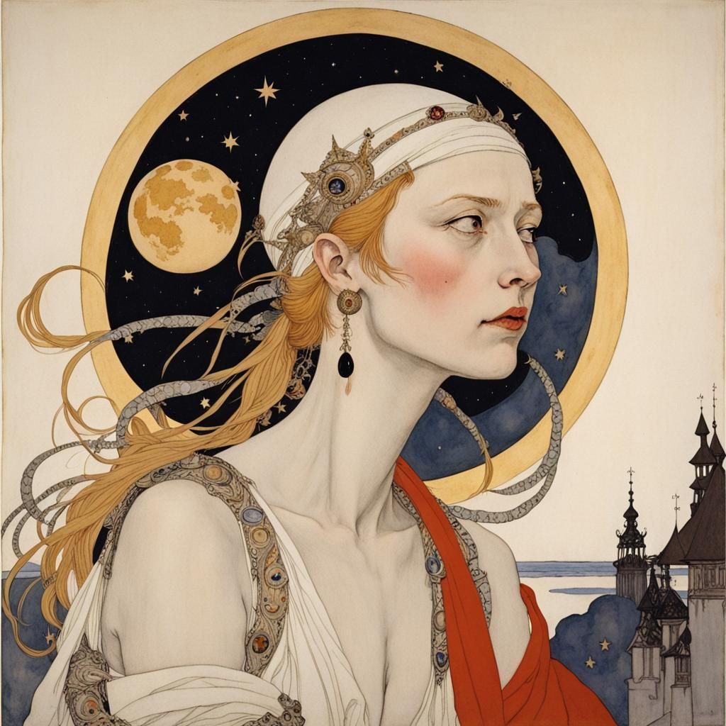 Sun, Moon, and Stars in Golden Age Illustration Style