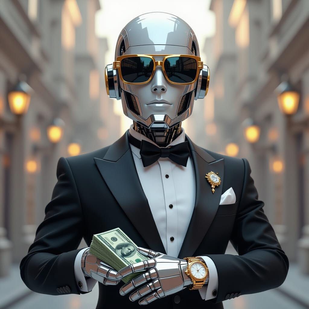 Silver Robot Flaunts Cash in Tuxedo and Sunglasses