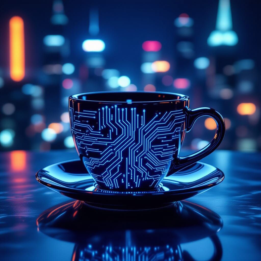 Obsidian Coffee Cup with Glowing Blue Circuitry