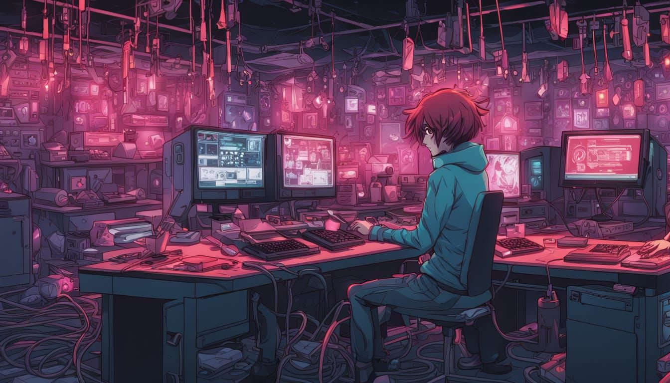 Cyberpunk Hacker in Neon-Lit Hacking Den