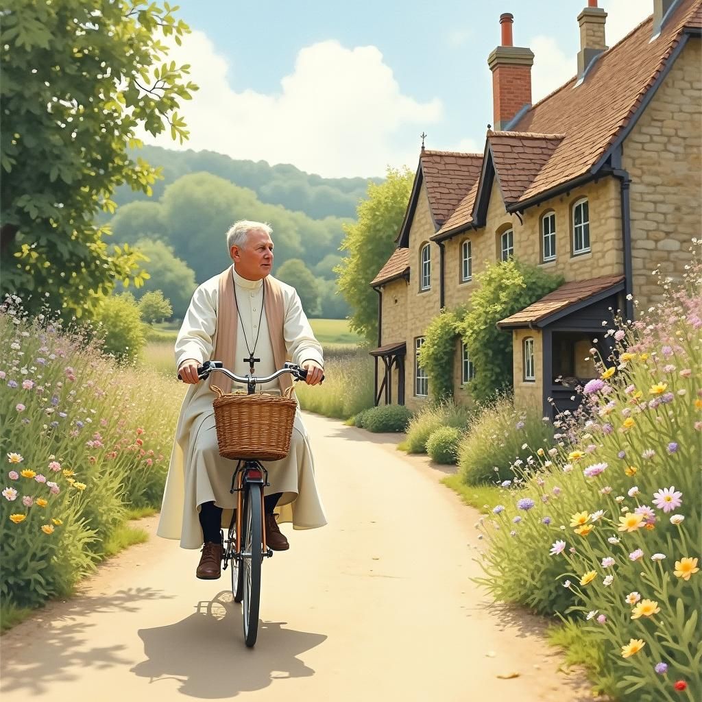 Vicar Cycling Through Countryside as Watercolor Painting