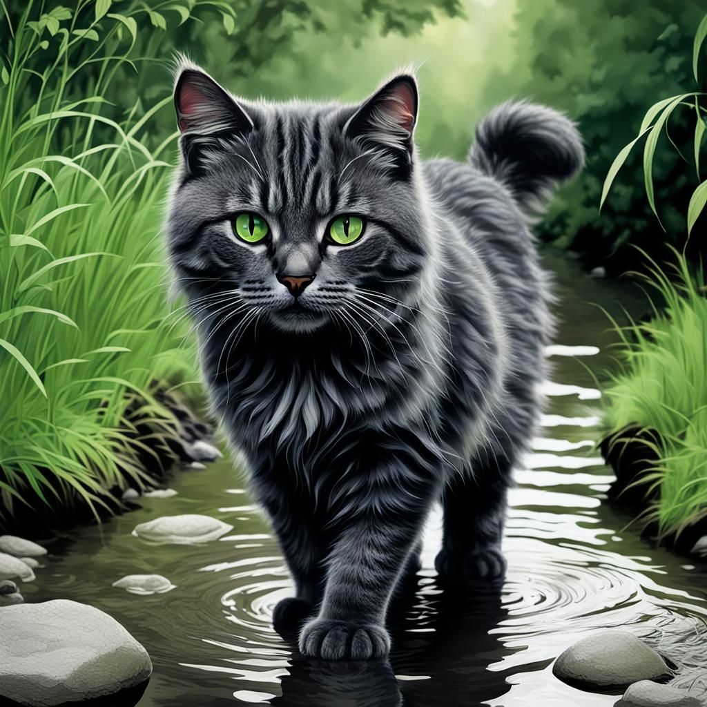 Fluffy Dark Gray Cat with Green Eyes in Creek