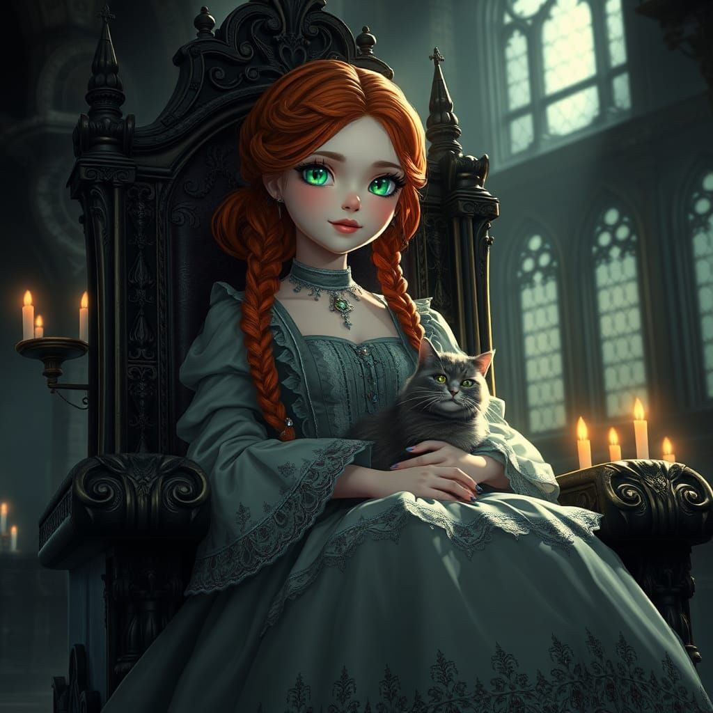 Gothic Princess with Cat in Anime Style