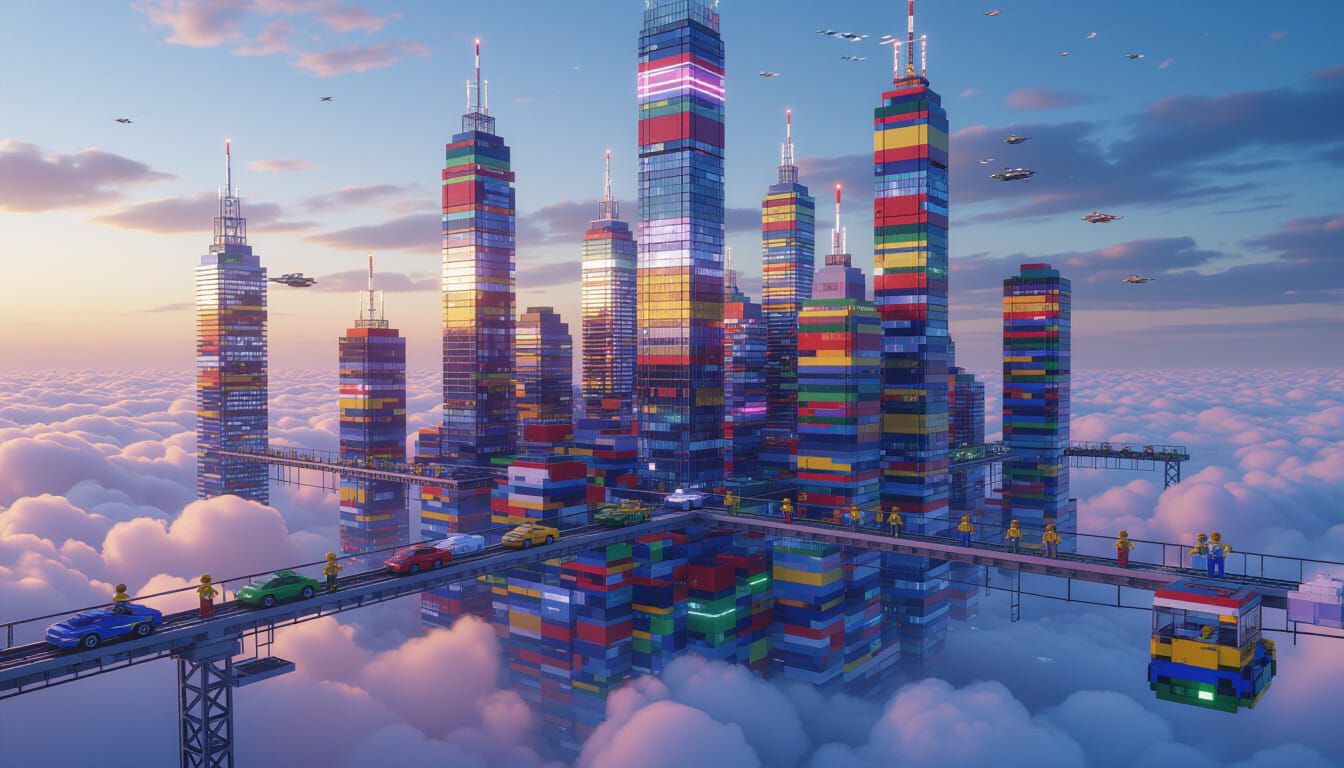 LEGO City Floating Above Clouds at Dusk