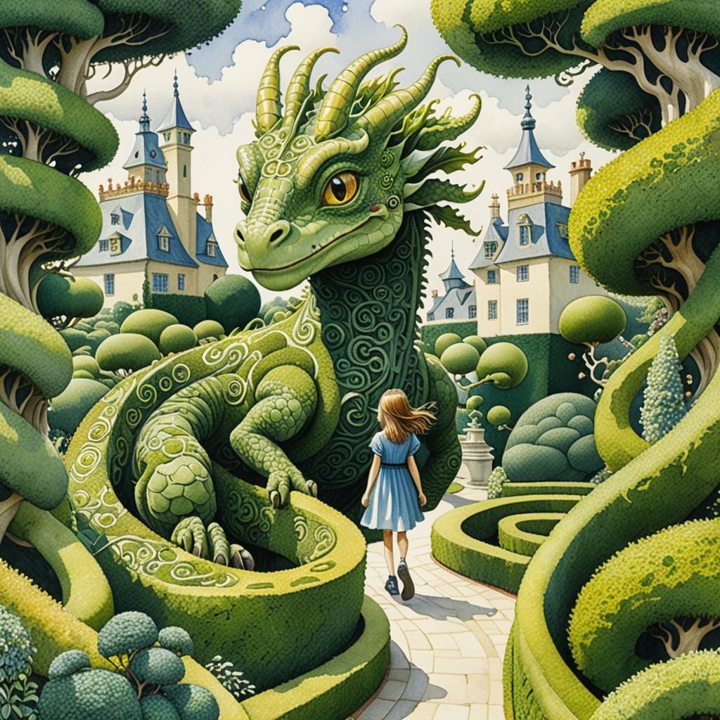 Girl in Dragon Topiary Maze, Art Nouveau Style