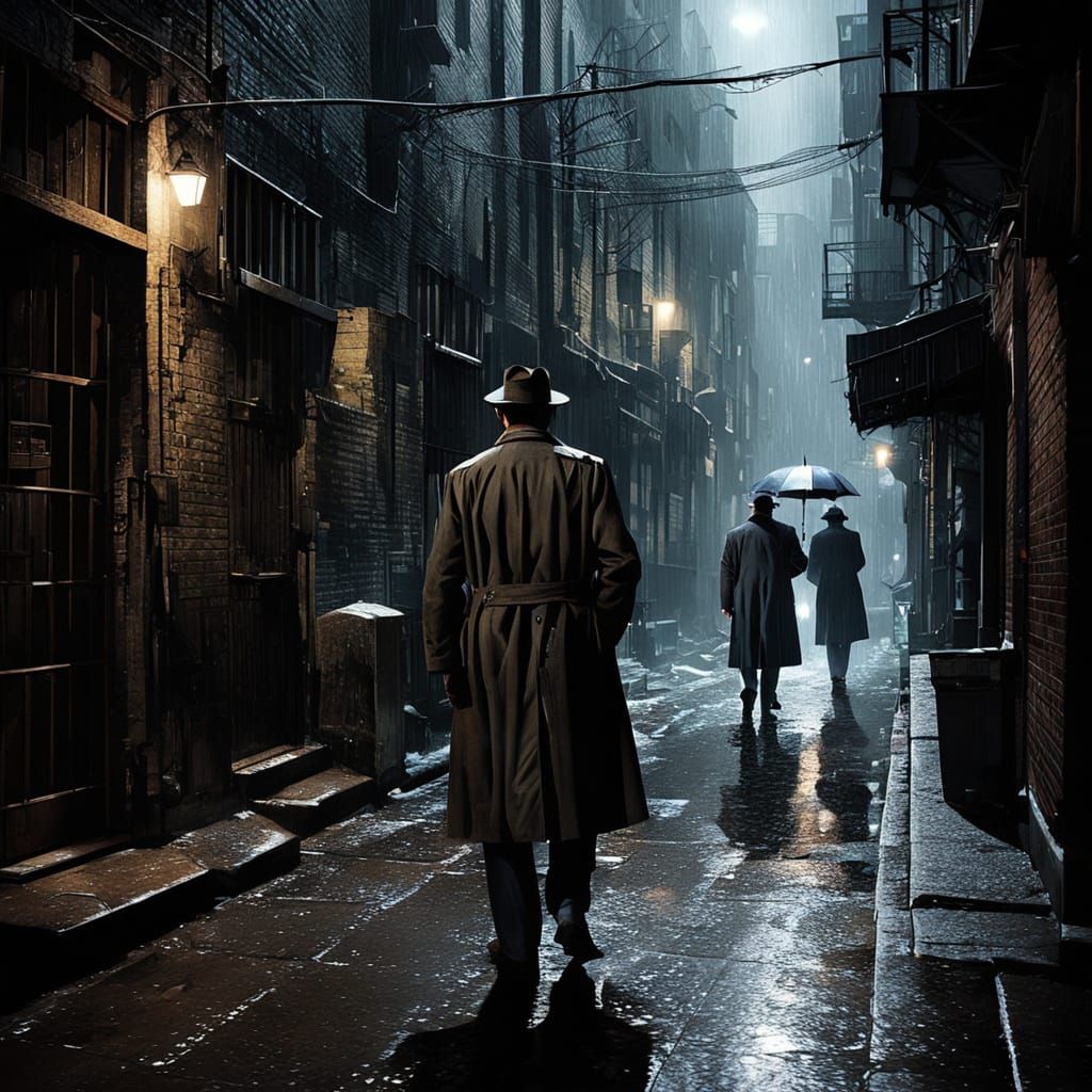 Noir Detective Confronts Stranger in Rainy 1940s City