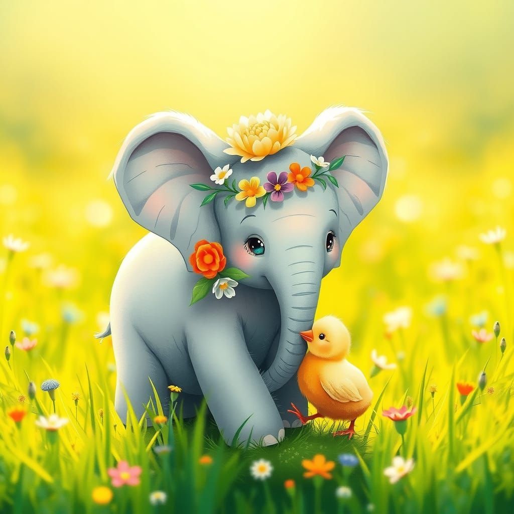 Elephant Befriends Chick in Whimsical Meadow