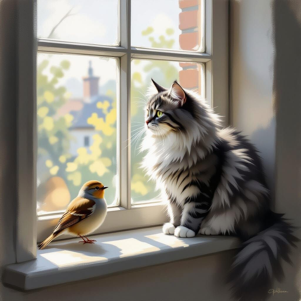 Grey Cat Watches Bird on Windowsill in Painterly Style