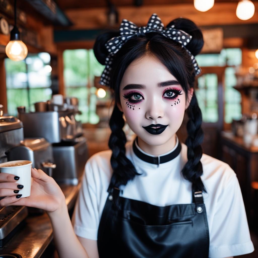 Goth Barista's Joyful Dance in Cozy Coffee Shop