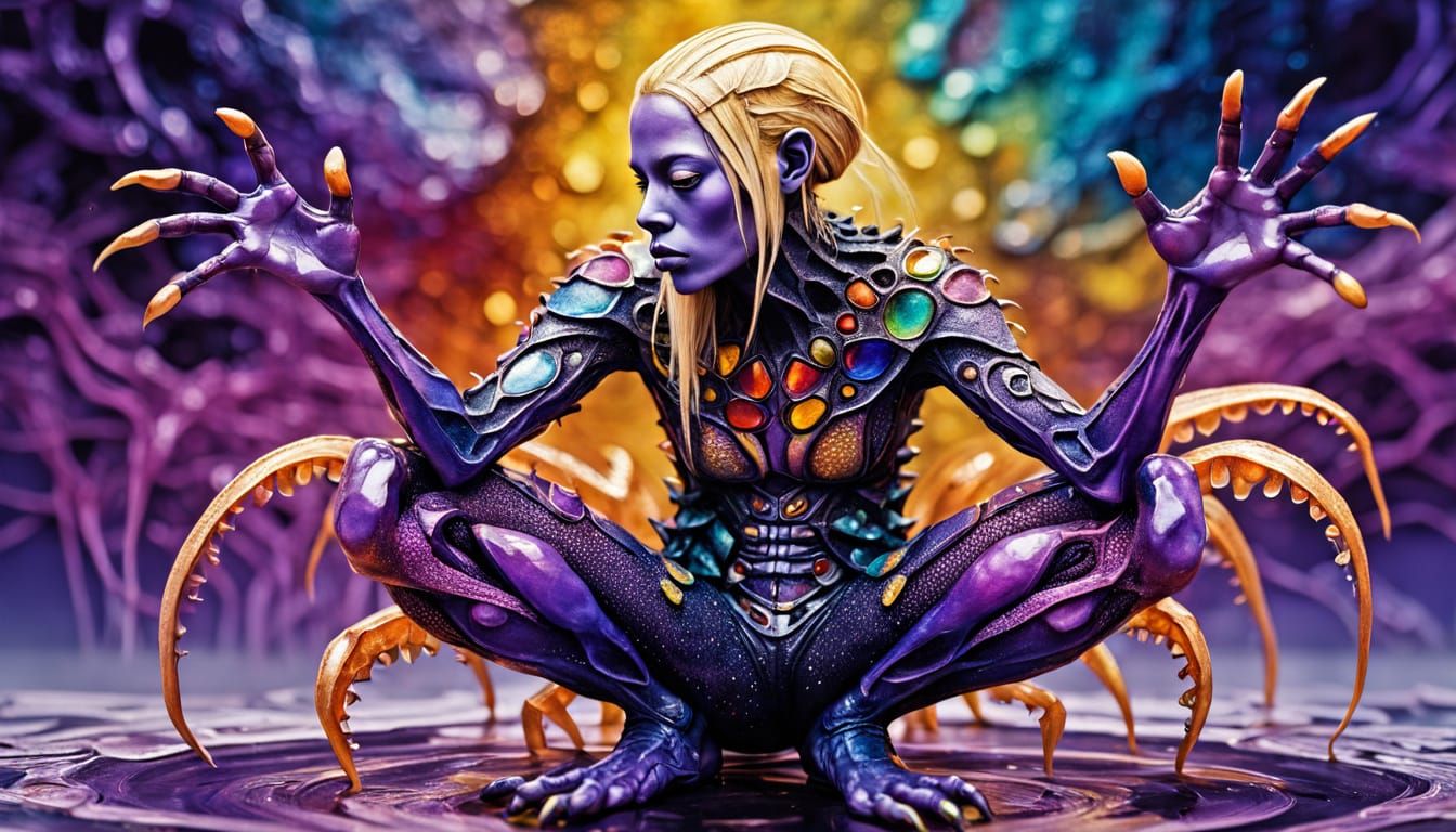 Surreal Purple Creature with Woman's Head in Alcohol Ink