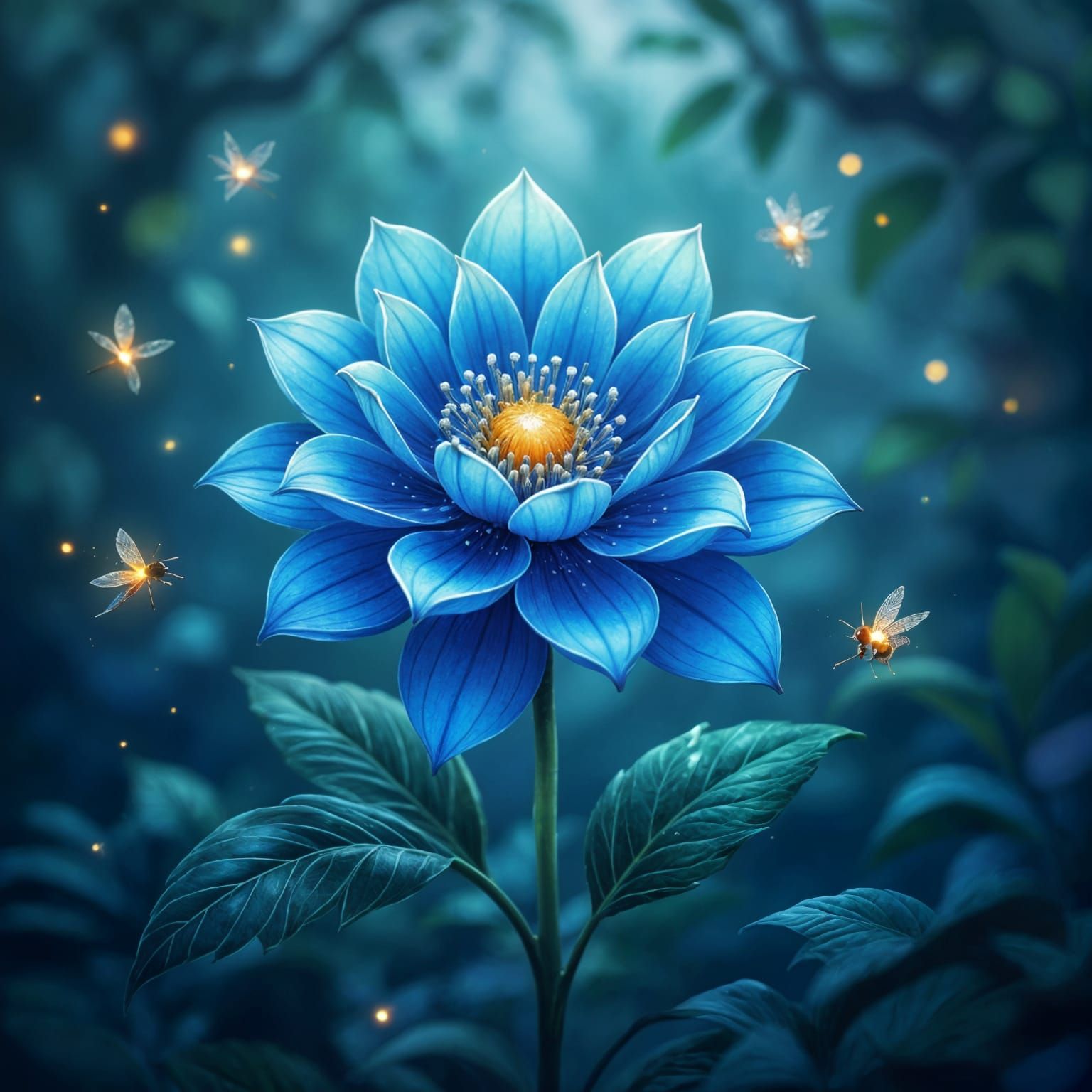 Blue Crystal Flower in Magical Forest, Watercolor and Digita...