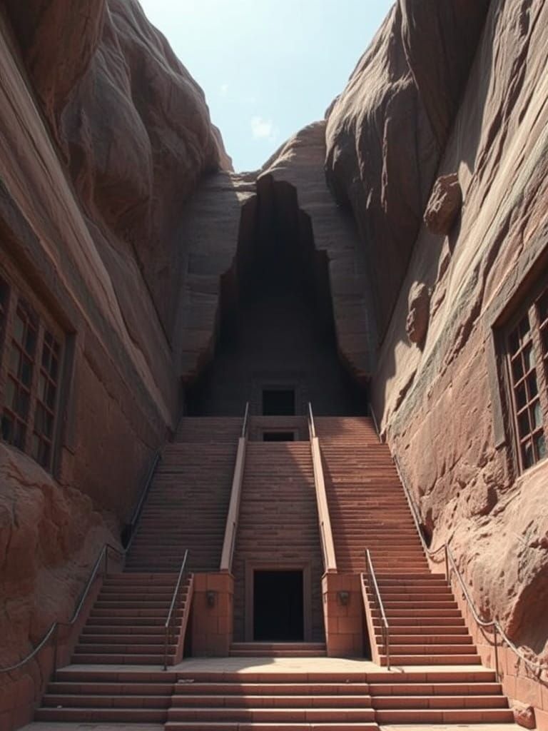 Stairways to Ancient Ruins in Dark Red Stone
