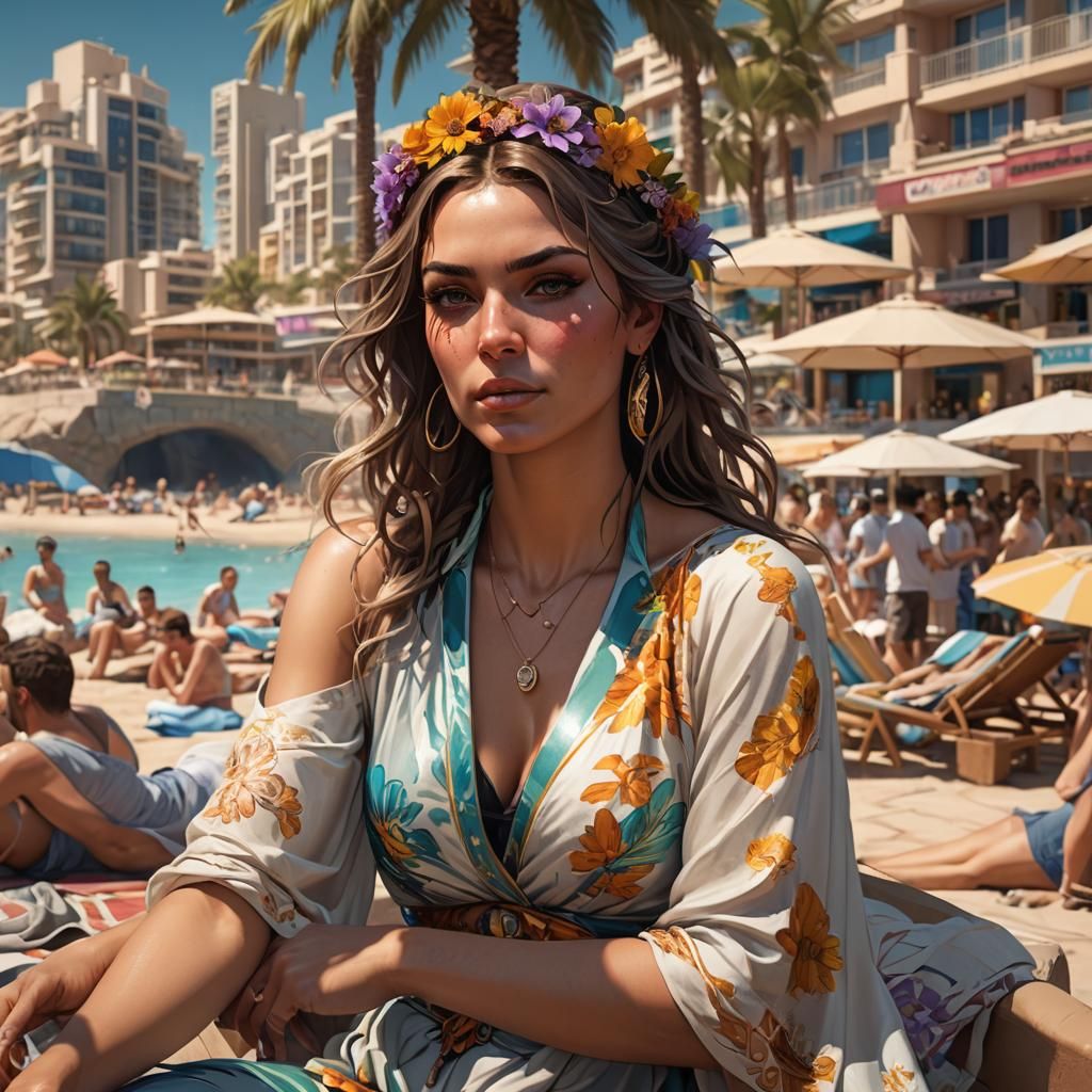 Female Portrait Sunbathing in Benidorm, Hyperdetailed Art