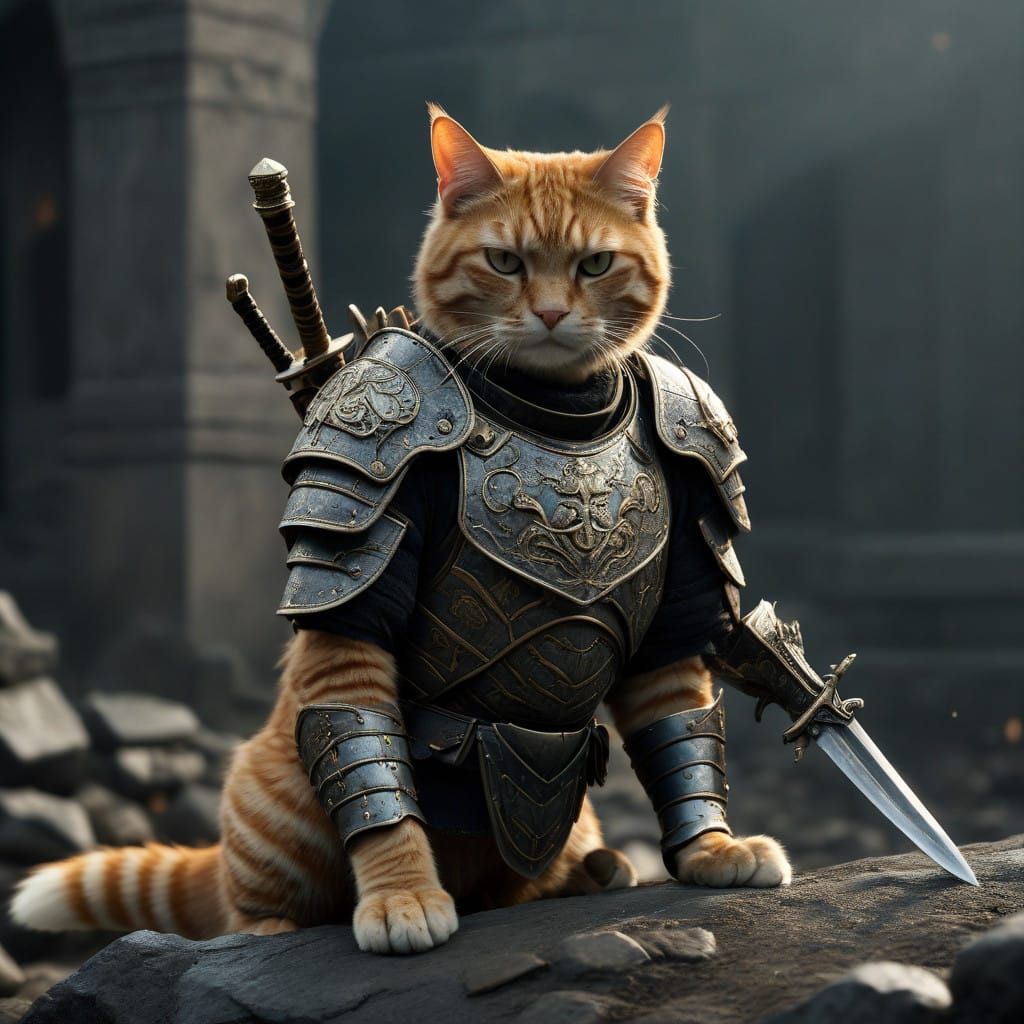 Surreal Feline Warrior Surveying Battlefield in Weathered Ar...