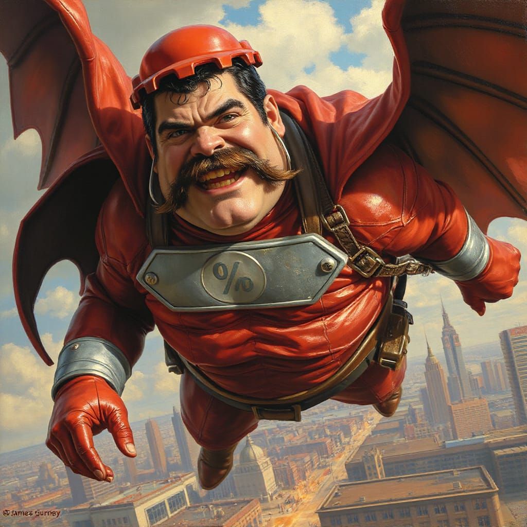 Plump Supervillain Flies Over City as Oil Painting